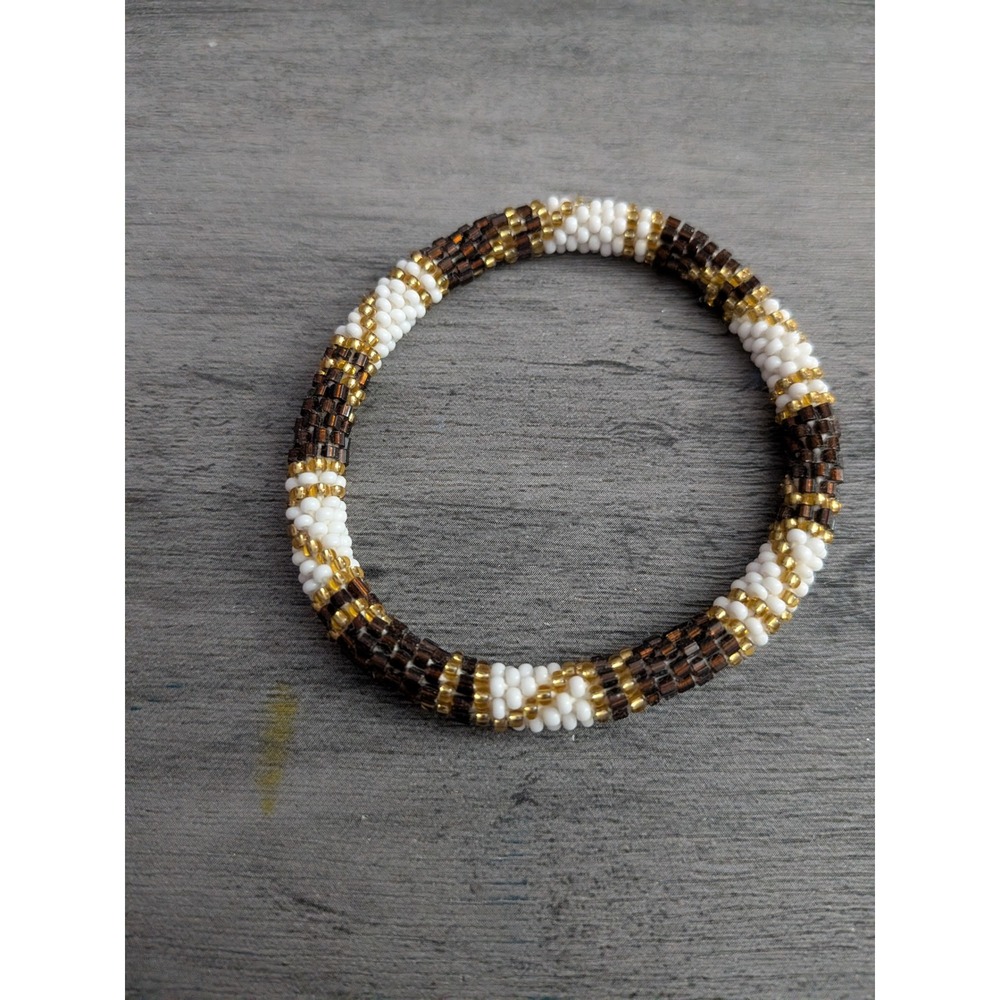 Handmade Beaded Roll On Bracelet Brown Gold White Seed Bead Boho Jewelry